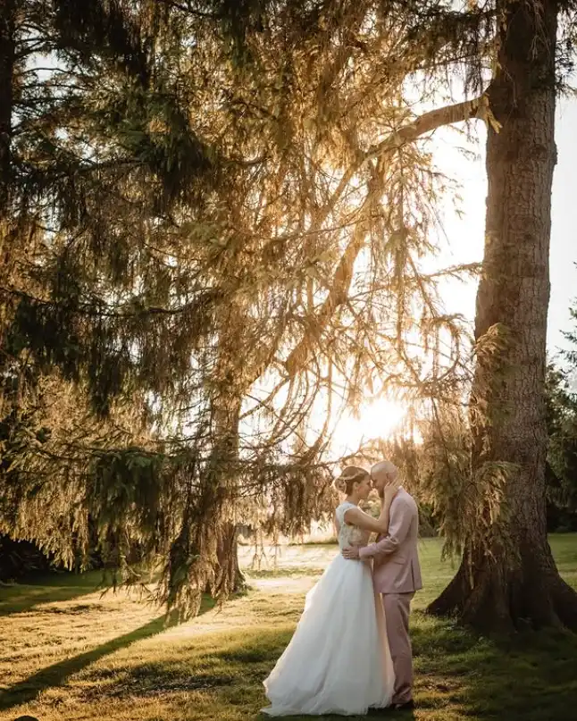 Photo des mariés sous les arbres